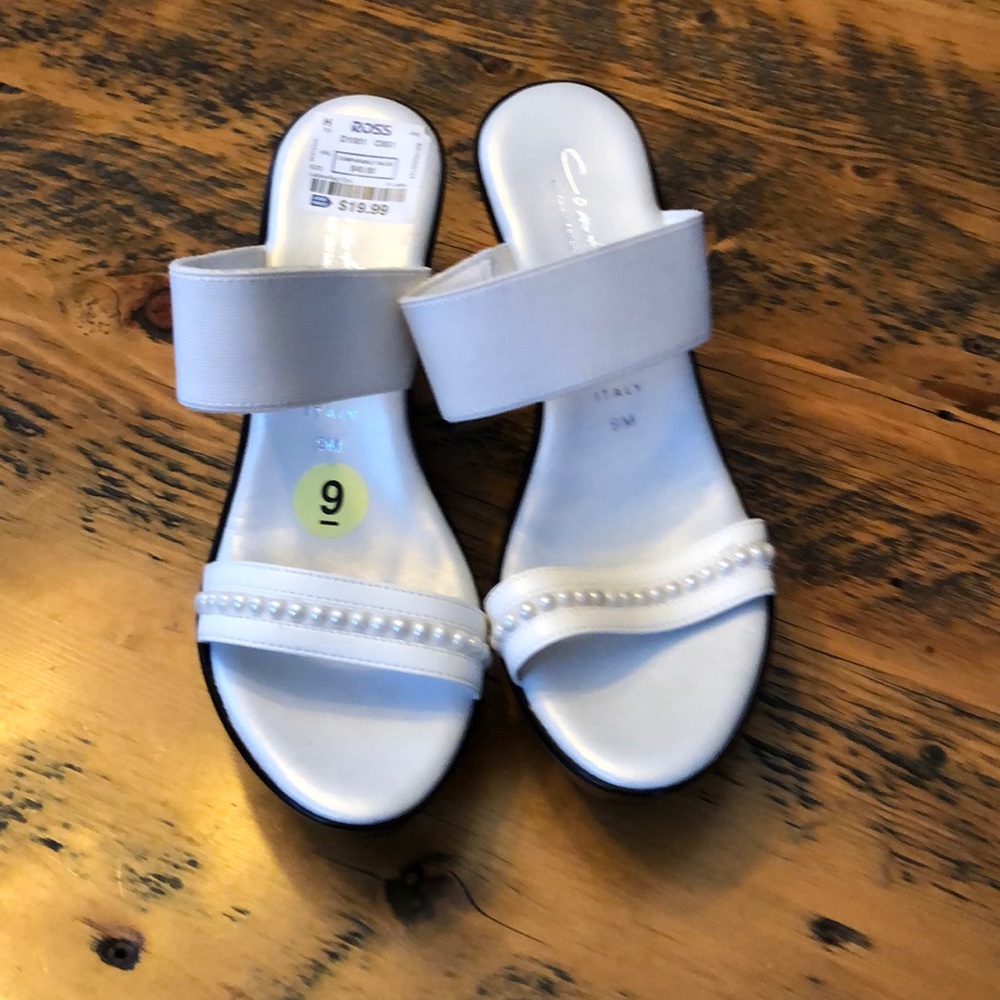 White 2 strap pearl embellished wedge sandal